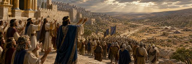 Jehoshaphat and Judah praying as singers lead the people toward an abandoned enemy camp
